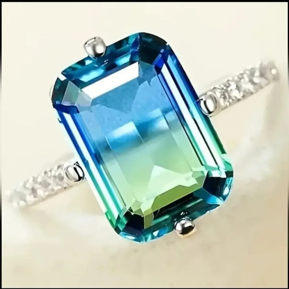 Blue/Green Tourmaline Ring, 14K White Gold Plated Double Color Gemstone Sz 6